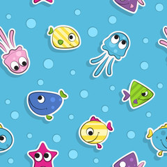 Seamless pattern with colorful cartoon fishes