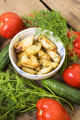 homemade food, fried potatoes, tomatoes, cucumbers and fennel on wooden table