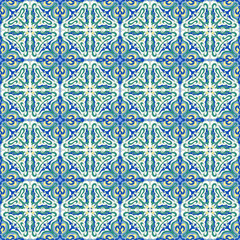 Hand drawing zentangle mandala color seamless parteern. Italian majolica style