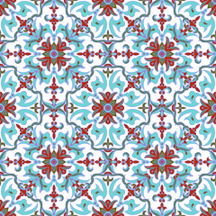 Hand drawing zentangle mandala color seamless parteern. Italian majolica style