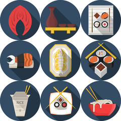 Flat round blue icons for asian food