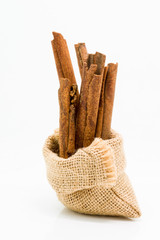 Cinnamon sticks in sack bag,