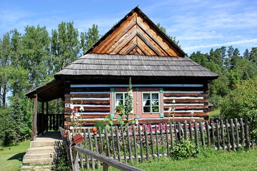 Fototapeta na wymiar traditional wooden house of north east region of Slovakia, open air museum in Stara Lubovna