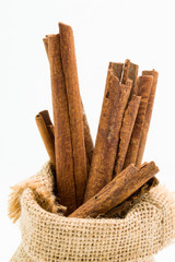 Cinnamon sticks in sack bag,
