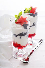 Yogurt parfait with blueberries and strawberry