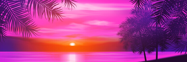 Summer night. Palm trees on the background of sunset. Vector