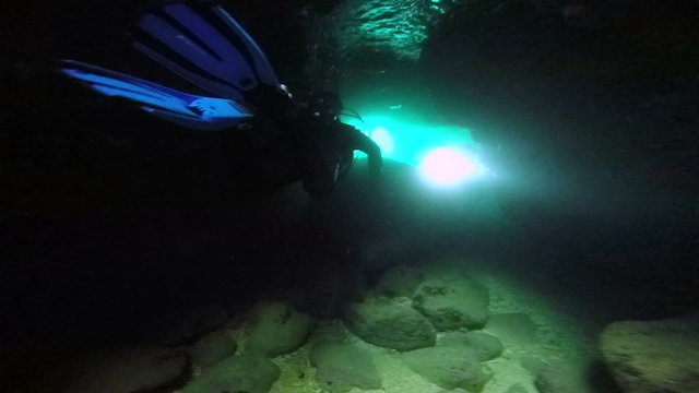 Scuba Divers Exploring The Underwater Cave