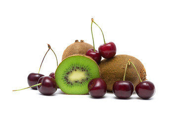 ripe cherry and juicy kiwi closeup on a white background