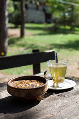 lunch in traditional ceramic bowl served outdoor