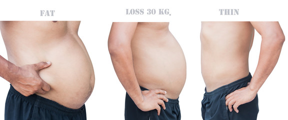 body of fat man between three step before and after weight loss 30 kilogram
