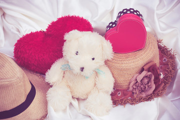 vintage sweet heart mini bear and lady hat on white cloth