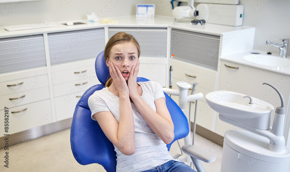 Sticker scared and terrified patient girl at dental clinic