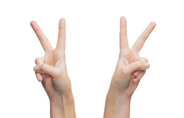 woman hands showing v-sign