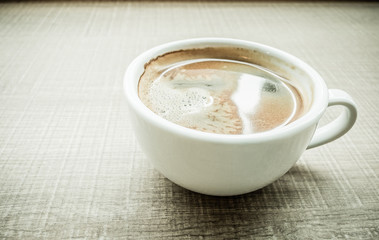 Vintage filter :Close up Espresso Coffee cup on wood table in ca