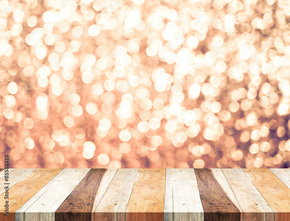 Poster empty perspective table with pink sparkling bokeh wall,template