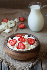 Cottage cheese healthy organic nutrition breakfast with milk and