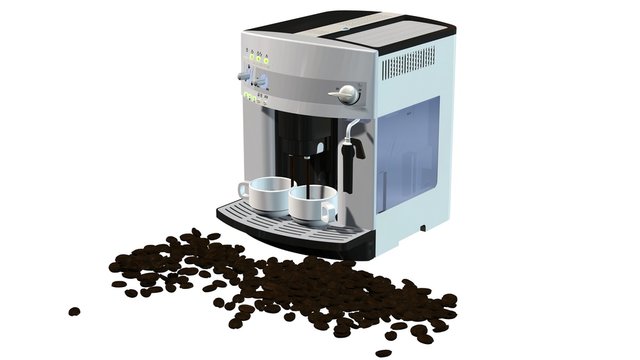 coffee machine with coffe beans isolated on white background
