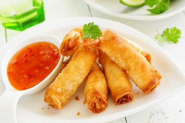 Spring rolls with shrimp with sweet chili sauce. Asian cuisine.