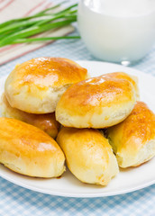 Russian pastries (pirogi) filled with eggs and green onion, closeup