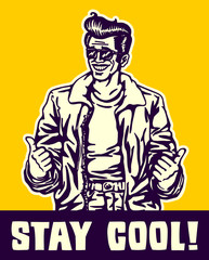 Stay cool! Dude in leather jacket and rockabilly pompadour hairstyle making thumbs up gesture, cool guy, stylish vintage man