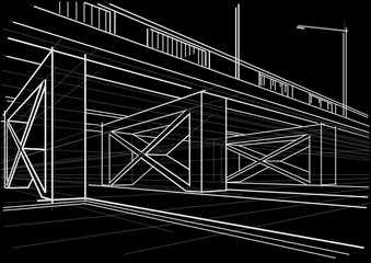 Linear architectural sketch overhead road on black background