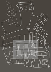 linear abstract architectural sketch imagination game on gray background
