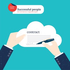 Businessman signing a contract in a cloud.