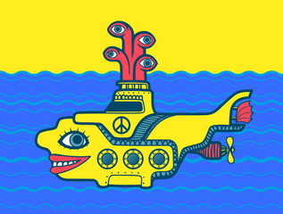 Yellow submarine at sea cartoon vector design with peace sign, psychedelic 60s illustration art