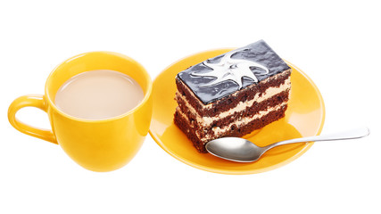 Cup of coffee and chocolate cake on orange plate