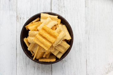 Multigrain snacks, Whole grain snacks on wooden bowl