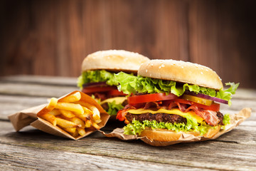 Delicious hamburger and fries