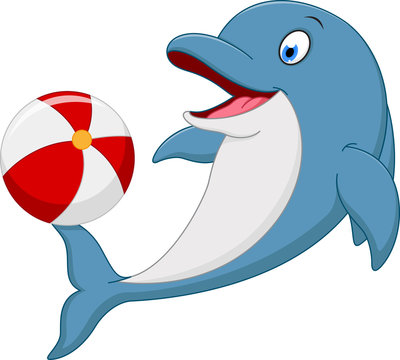 Happy dolphin cartoon playing ball