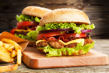 Delicious hamburger and fries
