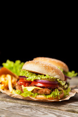 Delicious hamburger and fries