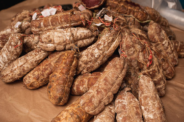 Great selection of salami . Photo taken in a street market.
