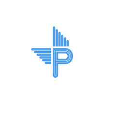 Letter P logo with blue wings, flying concept symbol for business card