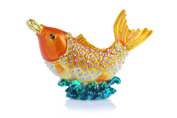 Colorful metal fancy carp have coin in mouth on white background