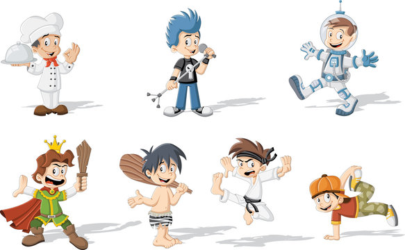 Group of cartoon boys wearing different costumes

