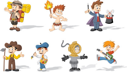 Group of cartoon boys wearing different costumes