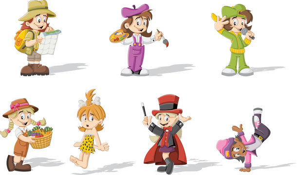 Group of cartoon girls wearing different costumes
