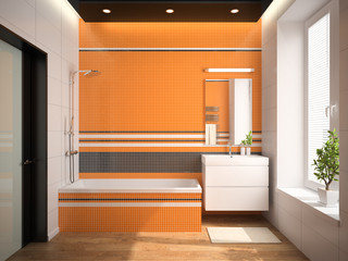 Interior of the bathroom with orange wall 3D rendering 2