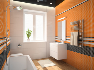 Naklejka na ściany i meble Interior of the bathroom with orange wall 3D rendering