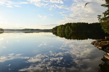 Lake view in Finland, midsummer night light.
