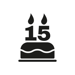 The birthday cake with candles in the form of number 15 icon. Birthday symbol. Flat