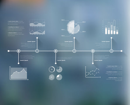 Timeline infographic with unfocused background and icons set. World map