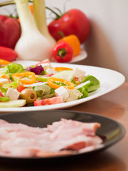 vegetables, ham, Mediterranean salad with lettuce, tomato 1
