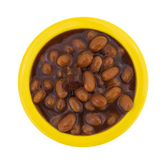 Baked beans in a yellow bowl