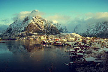 snow in Reine Village, Lofoten Islands, Norway