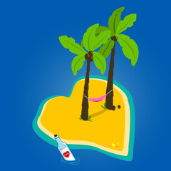 Background with a heart shaped island with palm trees in the sea. Vector illustration