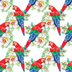 Watercolor parrots on a floral background. Seamless pattern. © kostanproff